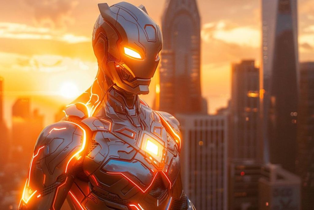Une silhouette futuriste et blindée se dresse sur les toits de la ville au coucher du soleil, illuminée par des accents orange brillants sur la combinaison et une pièce de poitrine rayonnante.