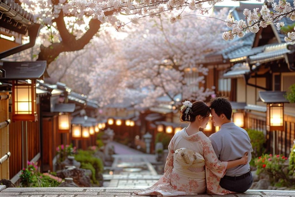 Un couple est assis étroitement l'un contre l'autre sur un chemin de pierre sous des cerisiers en fleurs, face à des bâtiments japonais traditionnels éclairés par des lanternes.