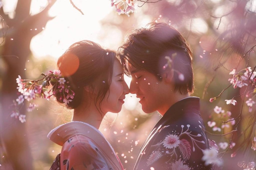 Un couple vêtu de vêtements traditionnels japonais se tient rapproché au milieu de fleurs de cerisier en fleurs, avec un éclairage doux et des pétales tombant autour d'eux.