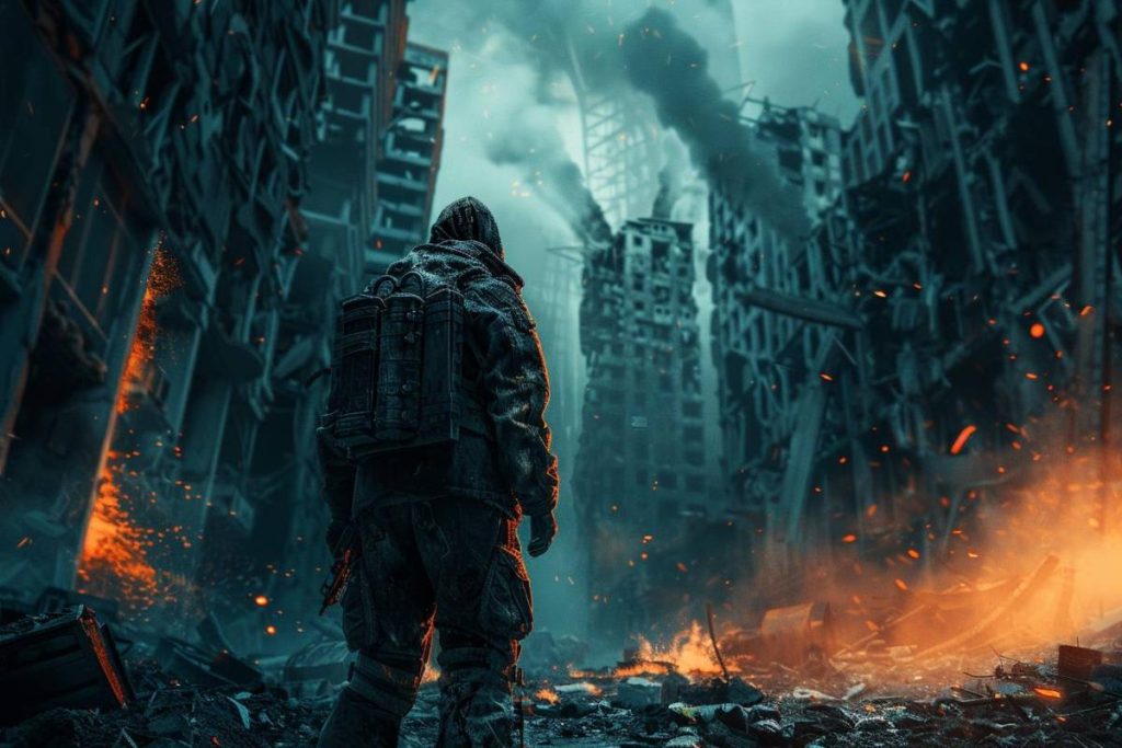 Une personne en équipement lourd se tient au milieu d’un paysage urbain dystopique et enflammé avec des bâtiments effondrés et de la fumée.