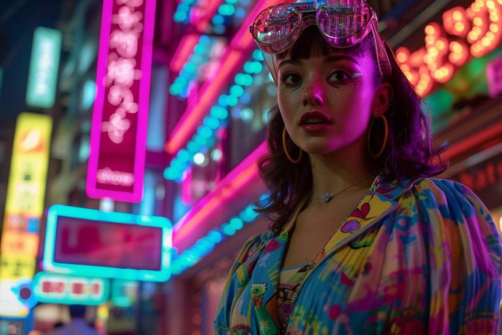 Une jeune femme vêtue d'une tenue colorée et de grandes lunettes se tient la nuit dans une rue urbaine éclairée au néon, entourée de panneaux et de lumières vibrants.