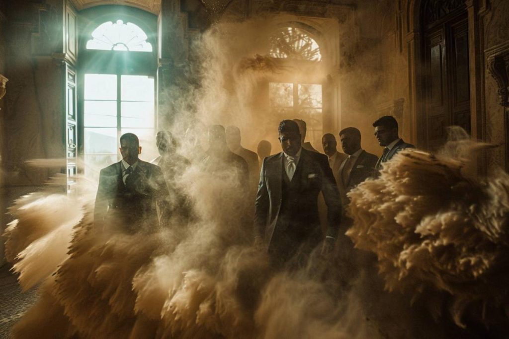Un groupe d’hommes en costume traverse une pièce remplie de poussière tourbillonnante et d’un éclairage spectaculaire provenant d’une grande fenêtre en arrière-plan.
