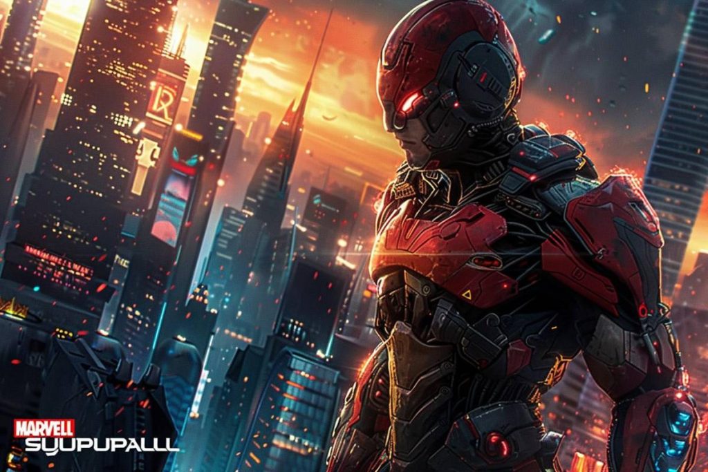 Une personne vêtue d’un costume blindé futuriste rouge et noir surplombe une ville avec des gratte-ciel illuminés au coucher du soleil. Le logo Marvel est visible dans le coin inférieur gauche.