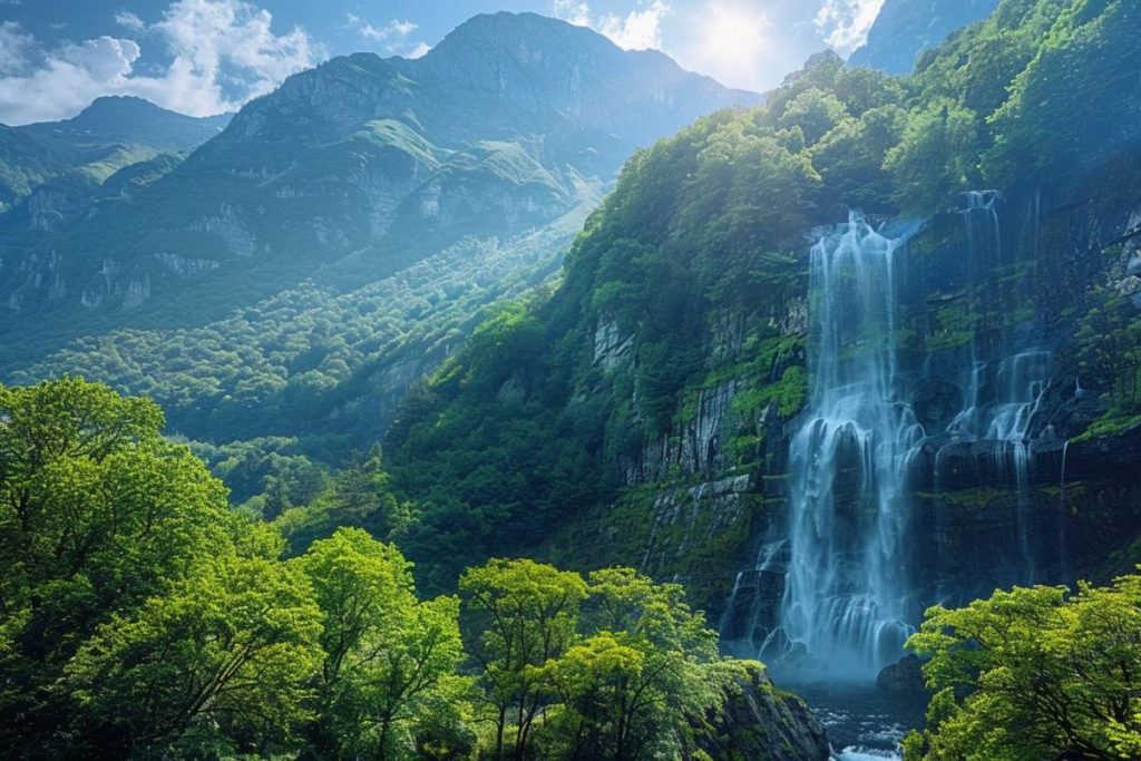 Une scène diurne sereine d'une cascade entourée d'une verdure luxuriante et de hautes montagnes sous un ciel bleu partiellement nuageux.