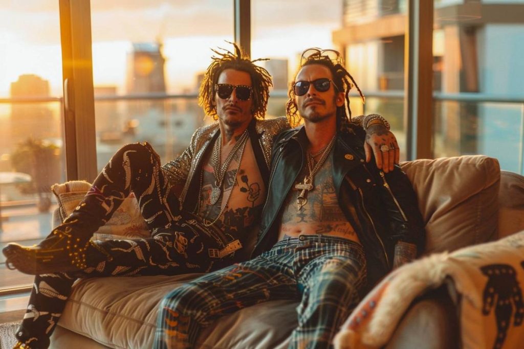 Deux hommes tatoués et dreadlocks, portant des lunettes de soleil et des pantalons à motifs, sont assis sur un canapé dans une pièce ensoleillée près de grandes fenêtres.