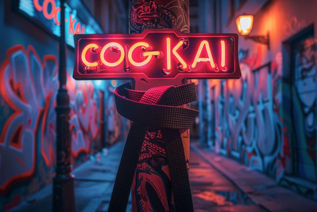 Une enseigne au néon indiquant « COG-KAI » est montée sur un poteau de rue, entourée d'art graffiti et d'une ambiance de ruelle urbaine.