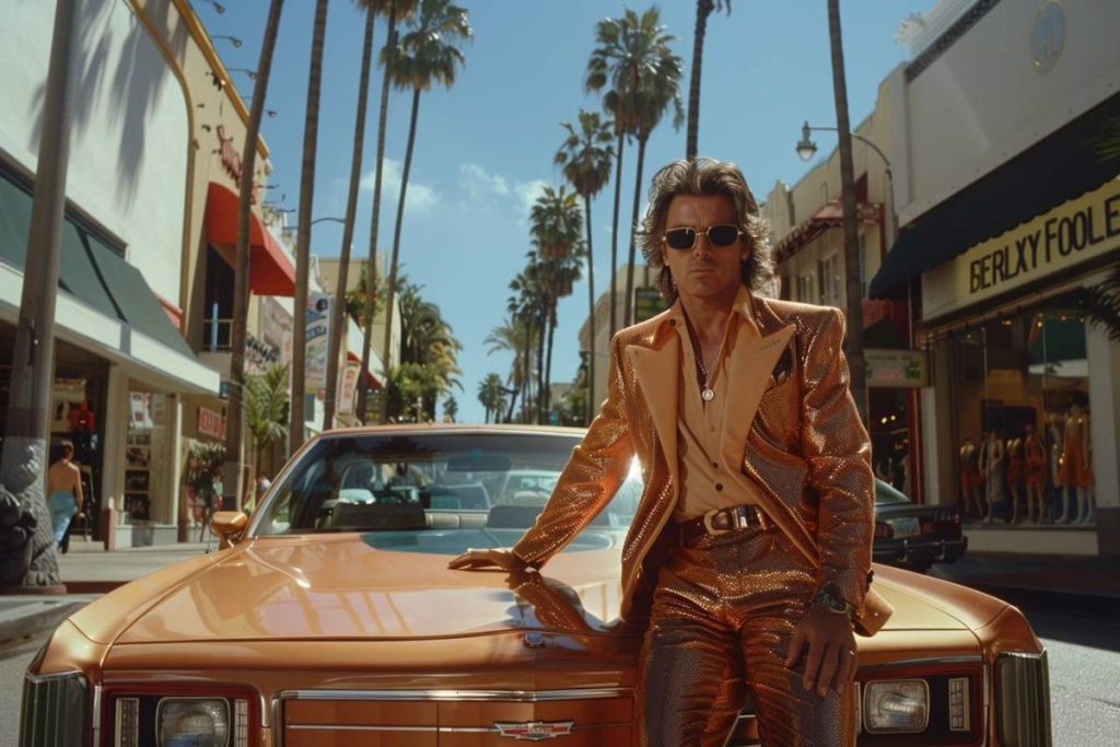 Une personne vêtue d’un costume doré brillant s’appuie contre une voiture dorée garée dans une rue bordée de palmiers et de magasins.