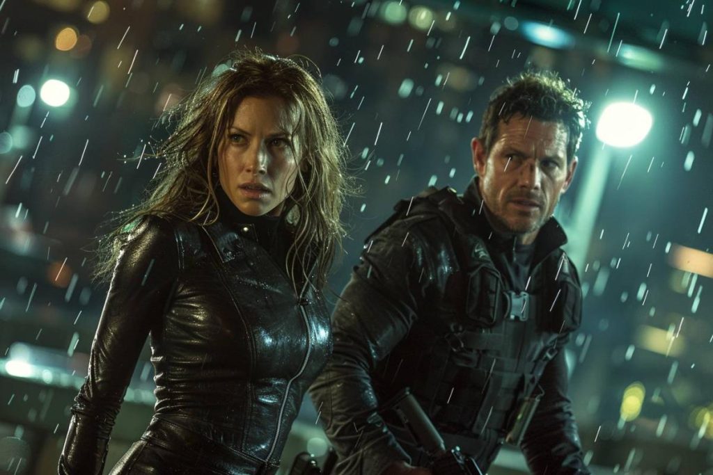 Deux personnes vêtues de tenues en cuir noir se tiennent sous la pluie, regardant attentivement au loin avec les lumières de la ville floues en arrière-plan.