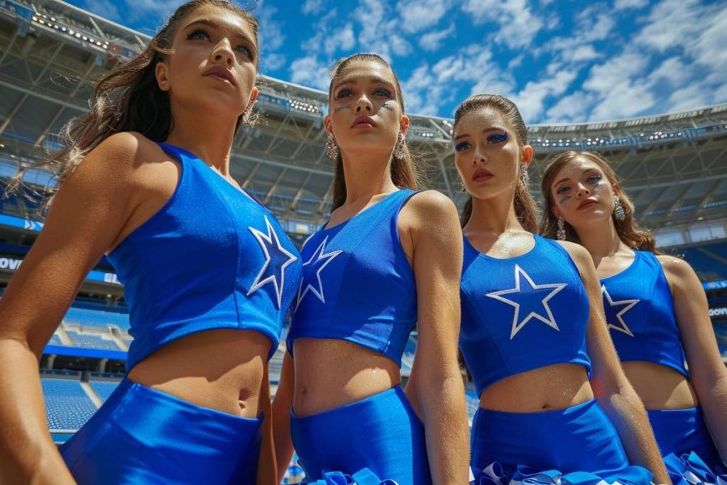 Quatre pom-pom girls vêtues de tenues bleues assorties avec des logos étoiles se tiennent alignées à l'intérieur d'un stade sur fond de ciel bleu.