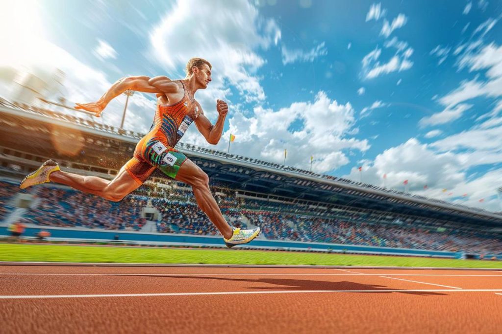 Un athlète masculin sprinte sur une piste dans un stade extérieur, avec une foule dans les tribunes et un ciel clair et partiellement nuageux au-dessus.