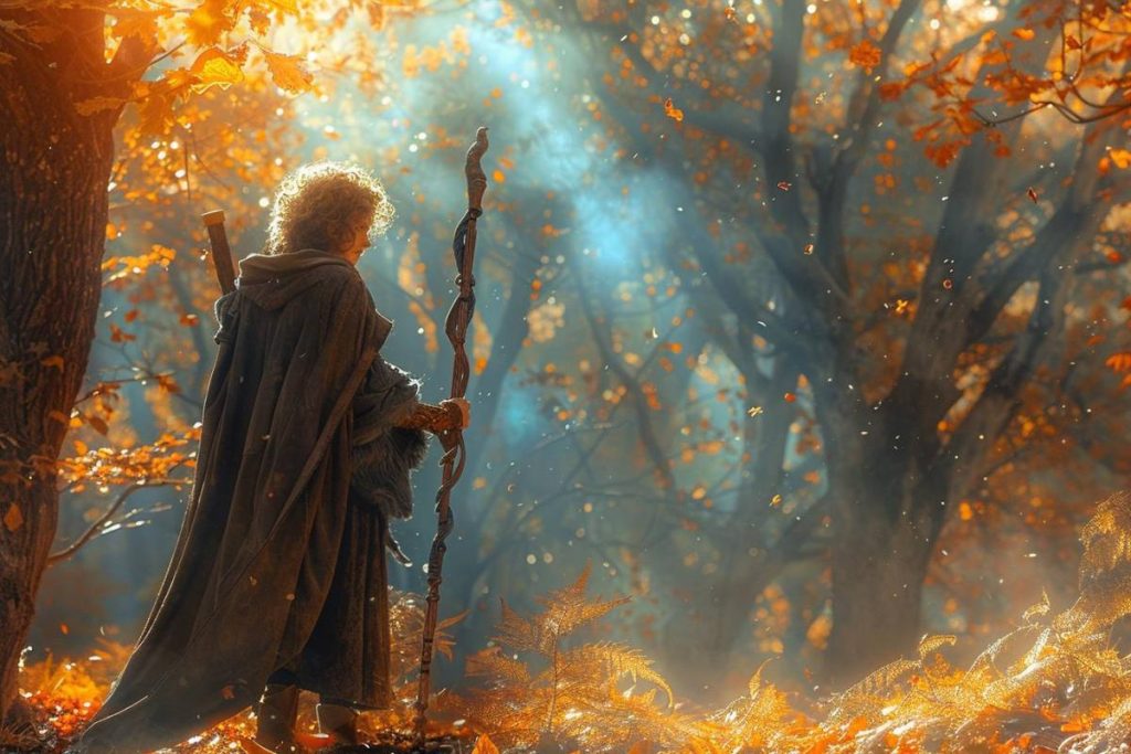 Une personne vêtue d'un manteau se tient dans une forêt ensoleillée, tenant un bâton, entourée de feuillage d'automne et de rayons de soleil perçant les arbres.