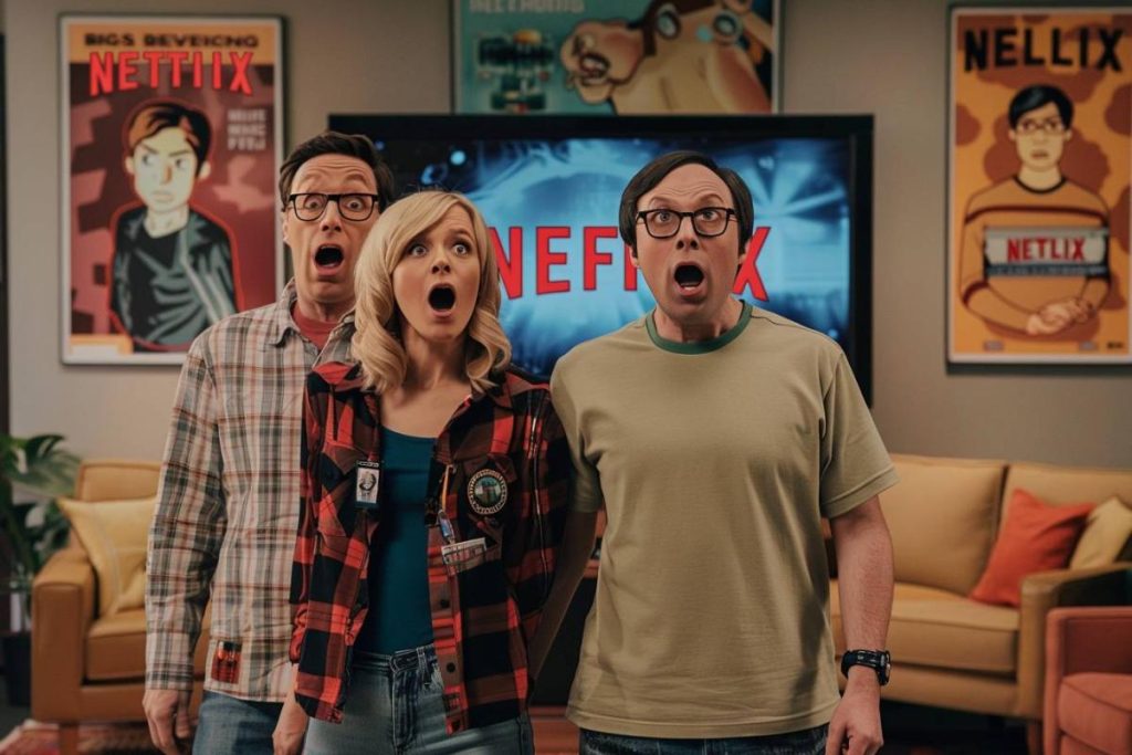 Trois personnes aux expressions choquées se tiennent devant une télévision affichant le logo "Netflik". Ils sont entourés d'affiches, dont une qui dit "Netlix.