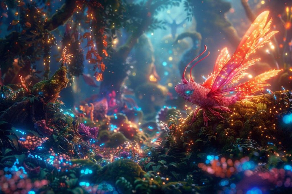 Un insecte fantastique et brillant aux ailes vibrantes repose dans une forêt enchantée remplie de lumières et de plantes lumineuses.