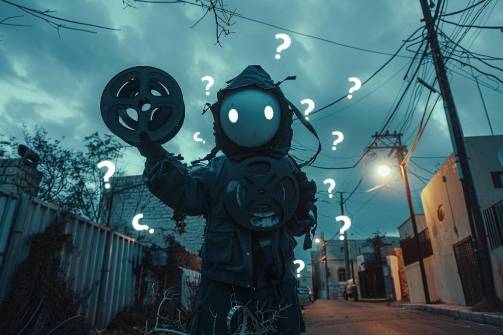 Un personnage aux yeux brillants tient des bobines de film dans une rue faiblement éclairée, entourée de points d'interrogation flottants sous un ciel nuageux.