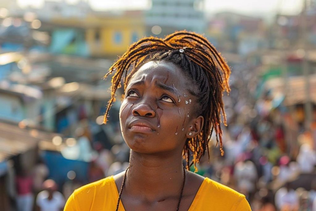 Une personne aux cheveux tressés et à la chemise jaune regarde vers le haut avec une expression affligée. Ils se tiennent dans une zone de marché en plein air bondée.