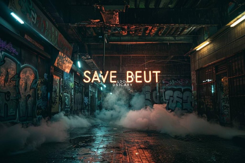 Ruelle urbaine faiblement éclairée avec des murs couverts de graffitis, un panneau au néon "SAVE BEAUTY DISCARD" et un brouillard bas.