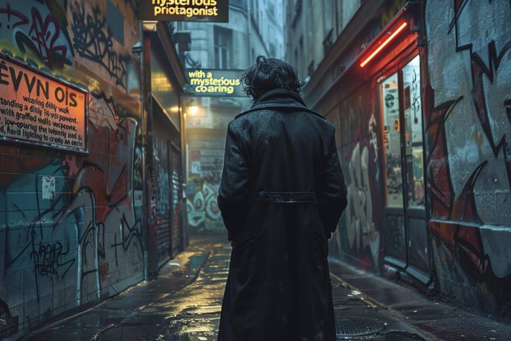 Une personne vêtue d’un long manteau se tient la nuit dans une ruelle couverte de graffitis. Les enseignes au néon et la chaussée mouillée contribuent à l’atmosphère maussade et urbaine.