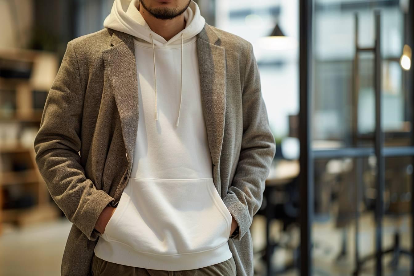 Homme portant un manteau beige et un sweat à capuche blanc dans un environnement intérieur