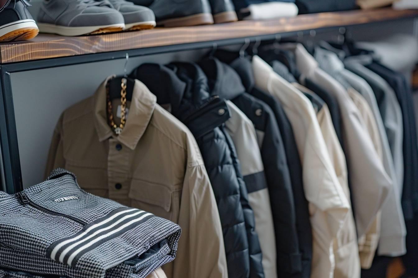 Étagères de vêtements et accessoires de mode dans un magasin.