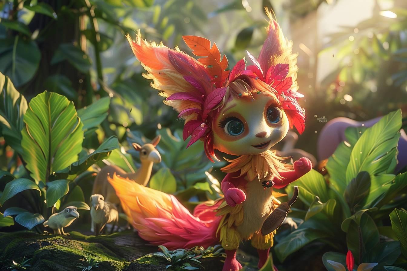 Figurine de créature colorée avec des plumes dans un environnement tropical