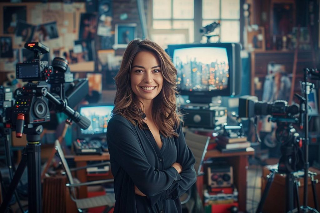 Jeune femme souriante dans un studio de télévision rempli de matériel