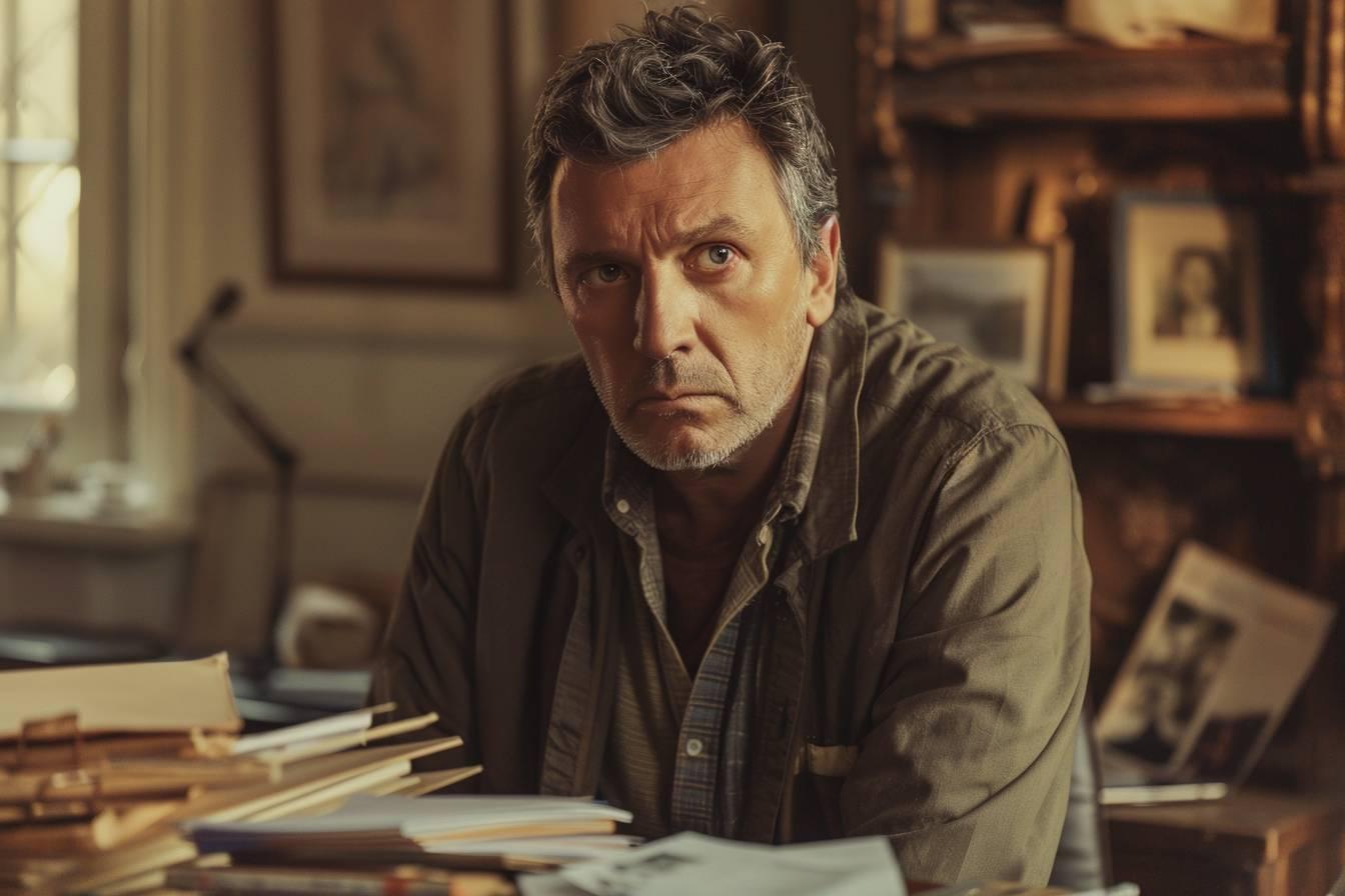 Portrait d'un homme âgé, l'air sérieux, entouré de livres et de papiers