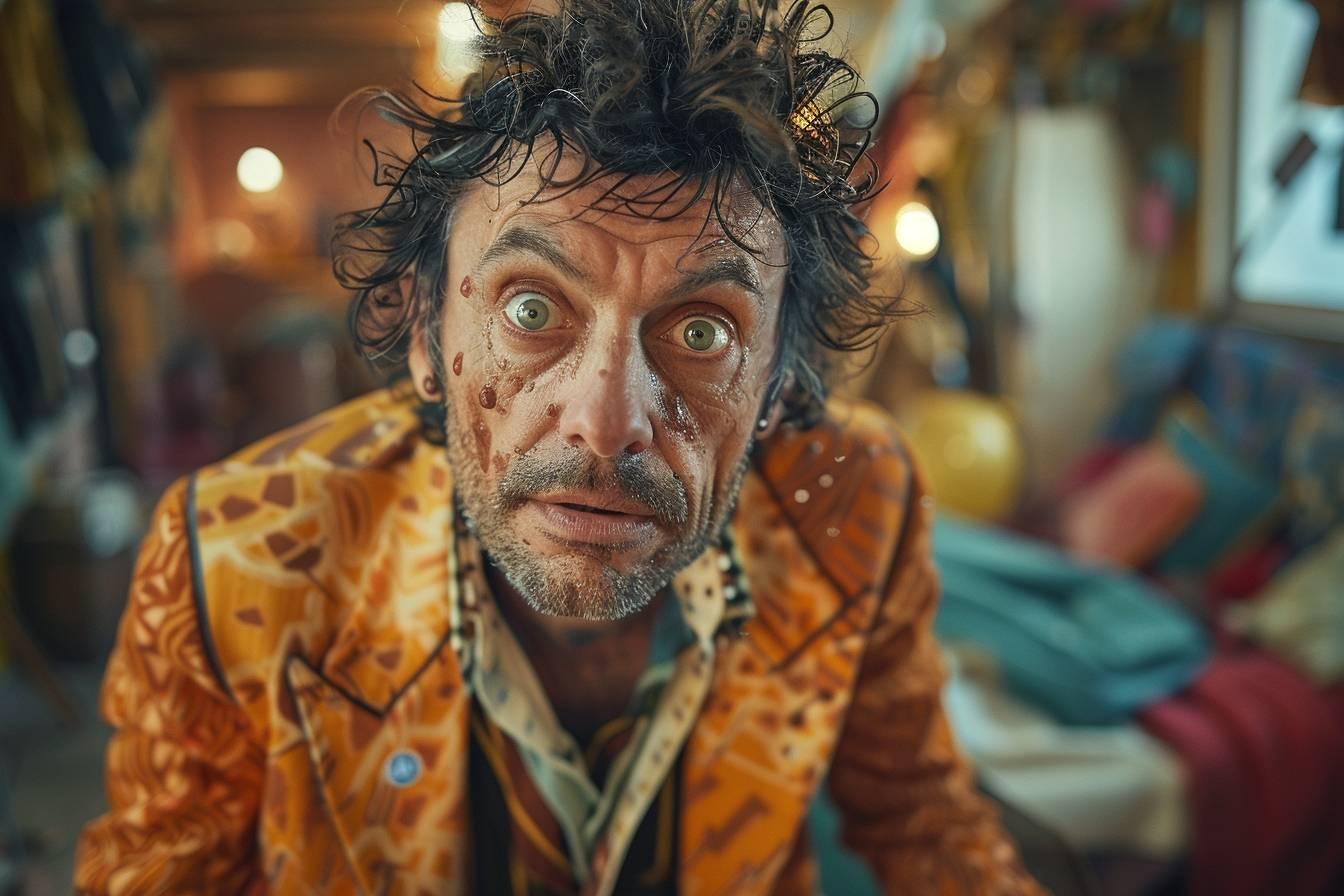 Homme aux yeux écarquillés, au visage couvert de blessures et de sang