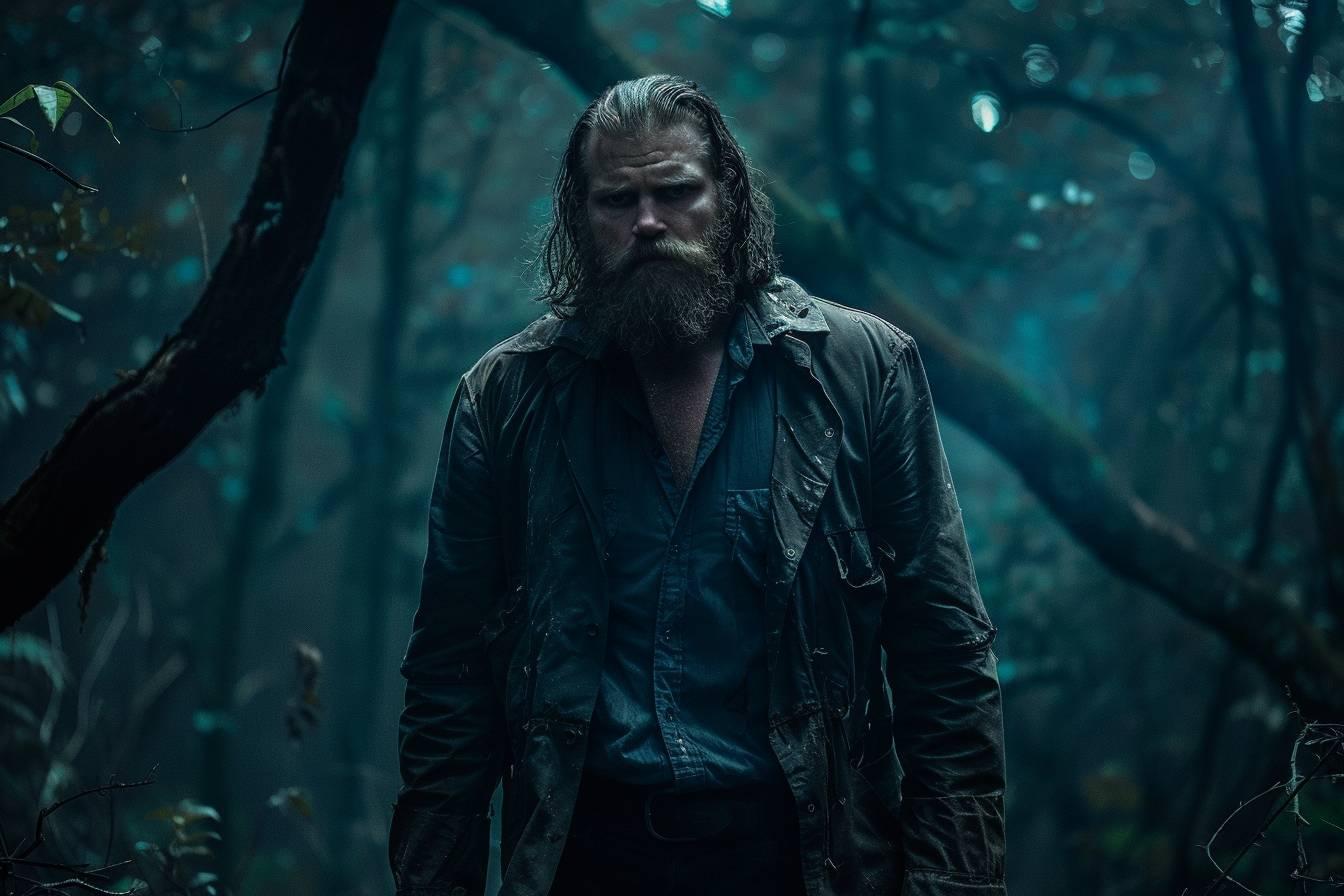 Personnage mystérieux dans un environnement forestier sombre et ombragé