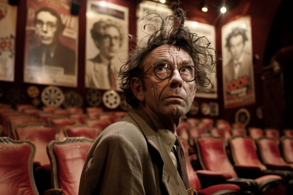 Homme âgé aux cheveux ébouriffés et portant des lunettes, dans un salon décoré.