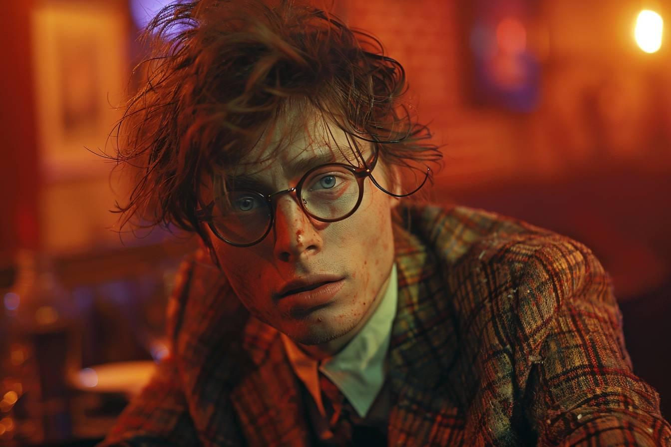 Portrait d'un homme aux cheveux ébouriffés et lunettes rondes, l'air pensif