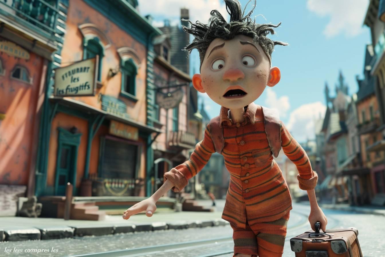 Image d'un personnage animé en costume rayé rouge et orange dans une ville