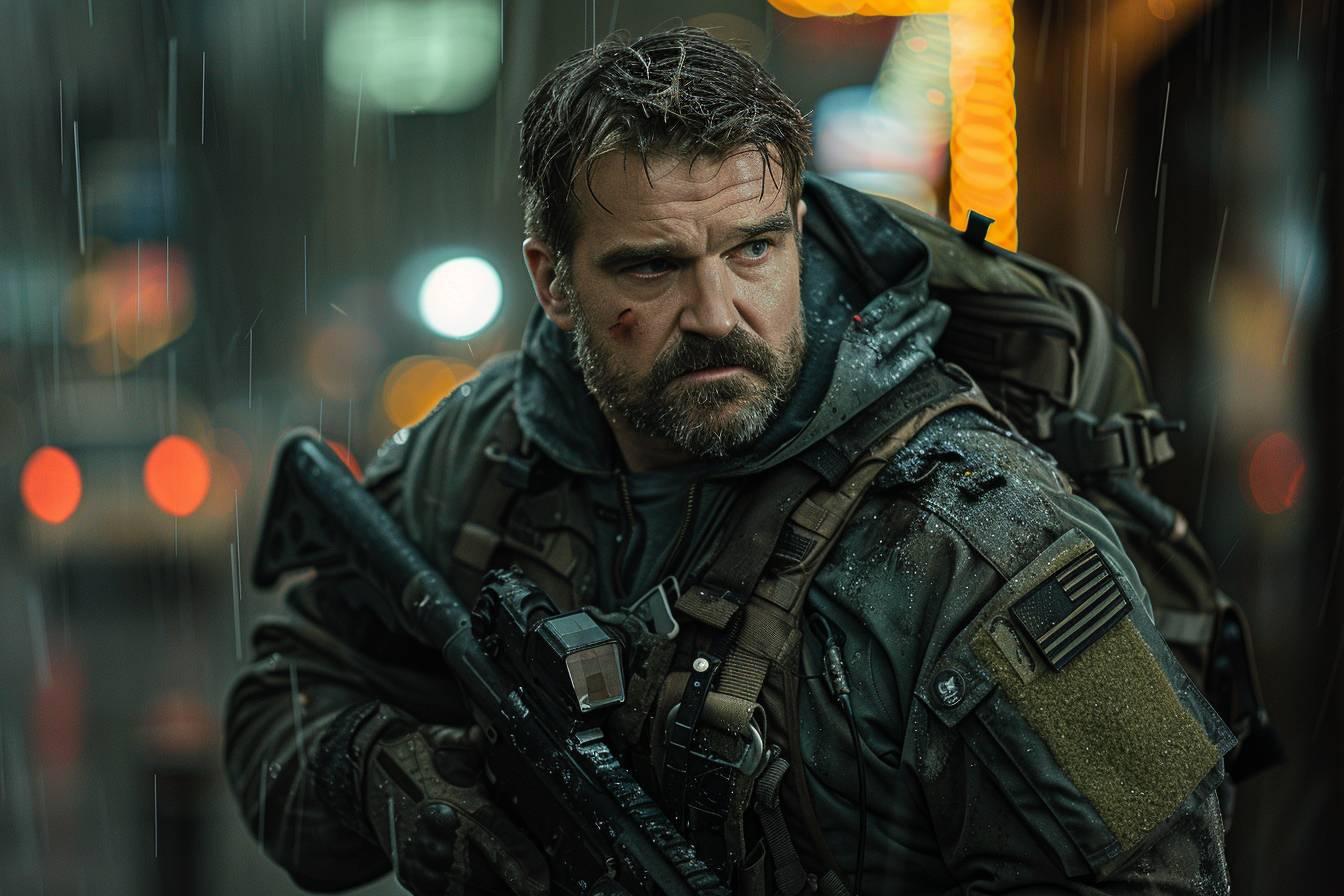 Gros plan d'un soldat barbu, vêtu d'un uniforme militaire, debout sous la pluie.