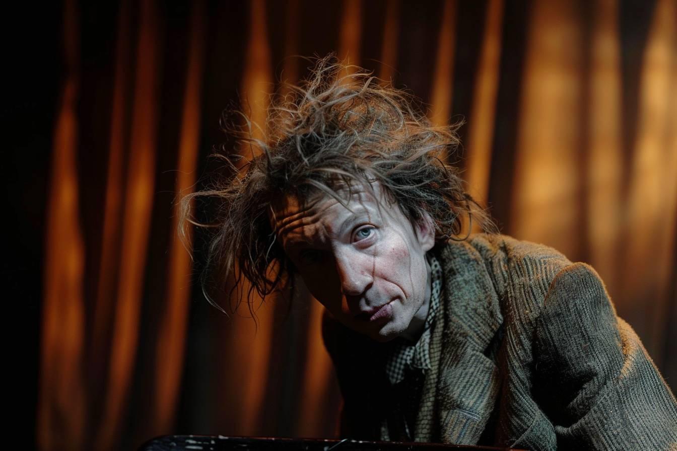 Un visage tourmenté, cheveux en désordre, expression troublée.