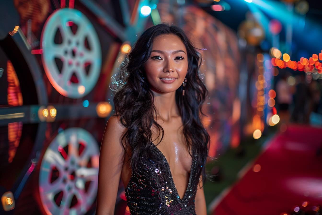 Portrait d'une femme aux cheveux longs souriant devant des lumières multicolores