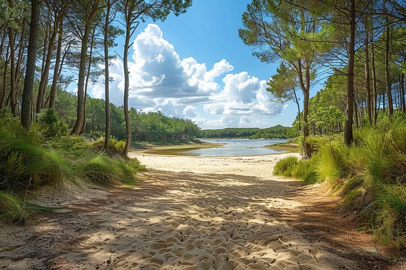 Sentier sablonneux menant à un lac entouré de pins