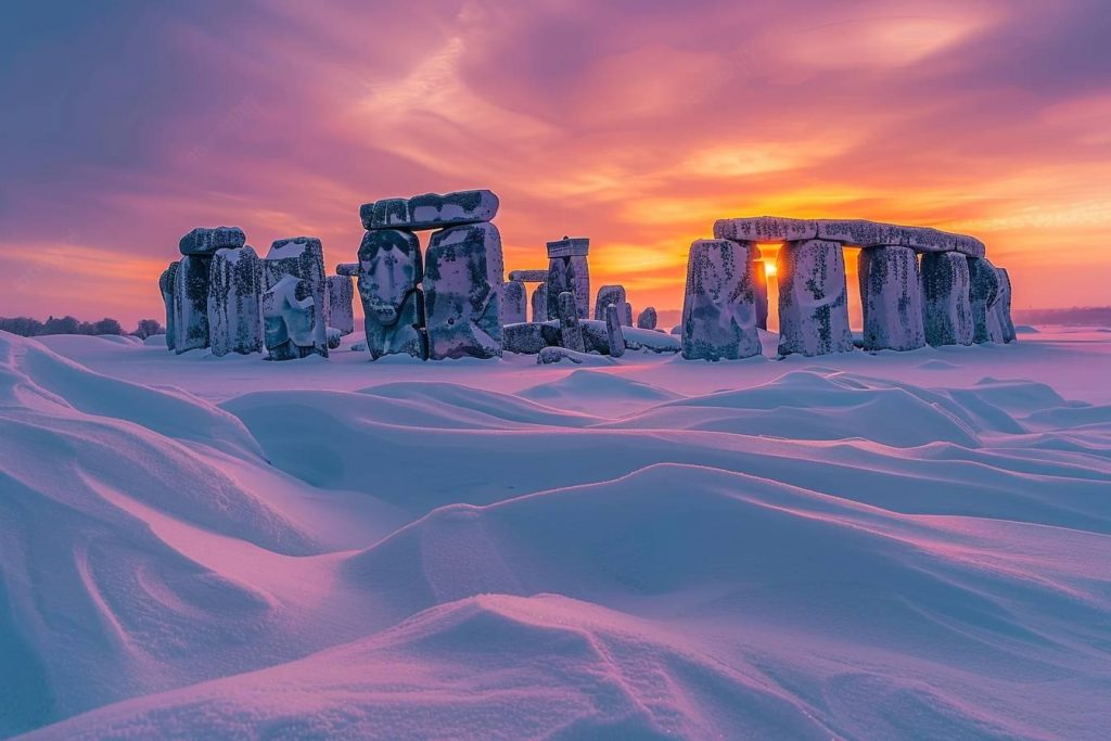 Magnifique coucher de soleil sur les ruines enneigées de Stonehenge