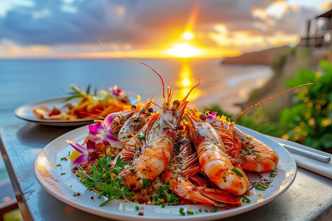 Assiette de fruits de mer exotiques, soleil couchant sur la mer