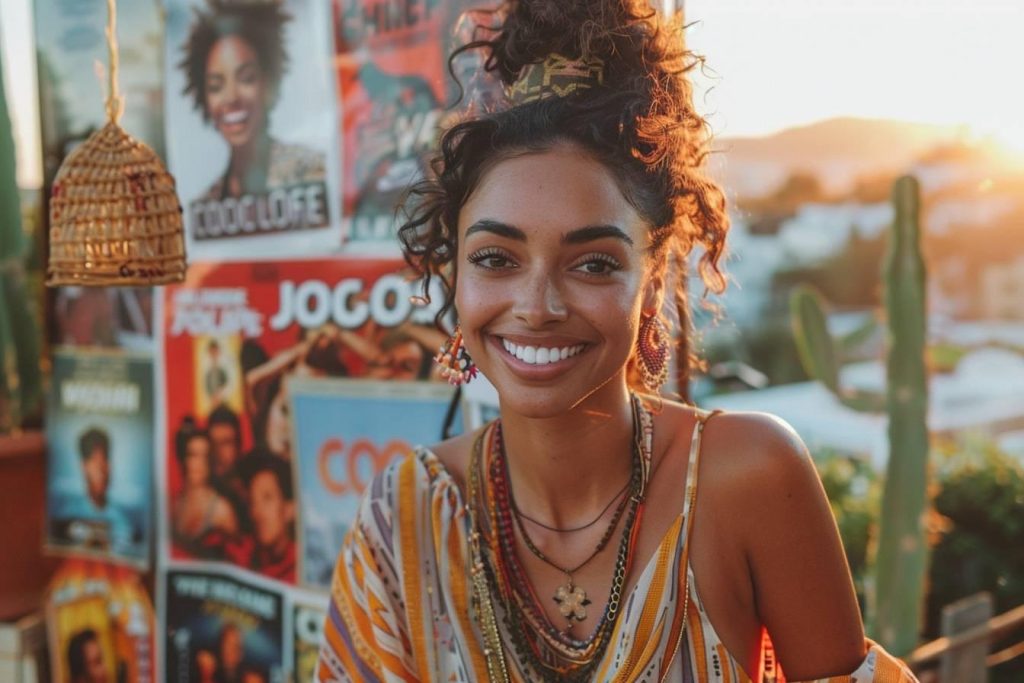 Femme métisse souriante avec parures et bijoux, dans un décor coloré