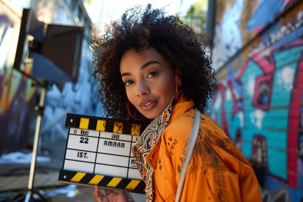Femme aux cheveux bouclés tenant un clap de cinéma, devant un mur de graffitis colorés.