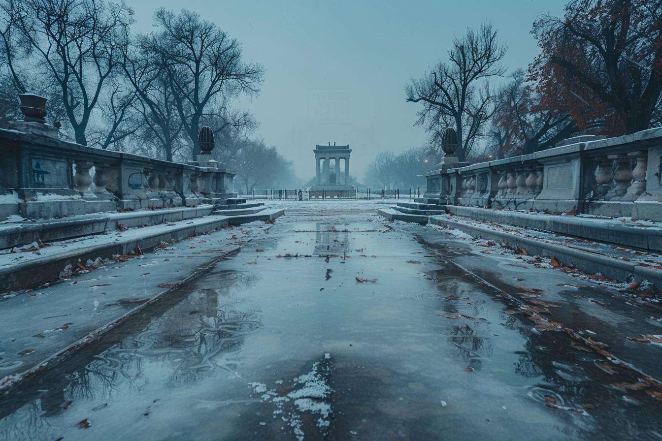 Une fontaine enneigée entourée d'arbres nus dans un parc en hiver