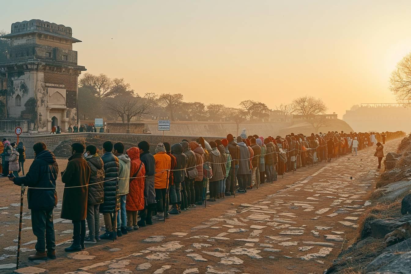 Une longue file de personnes attendant quelque chose dans un paysage urbain au crépuscule.