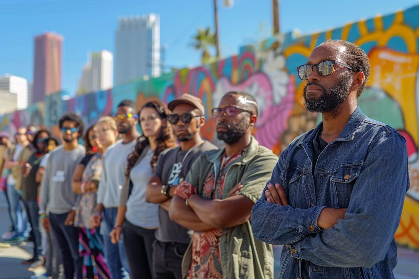 Une foule de personnes debout devant un mur de graffitis colorés.