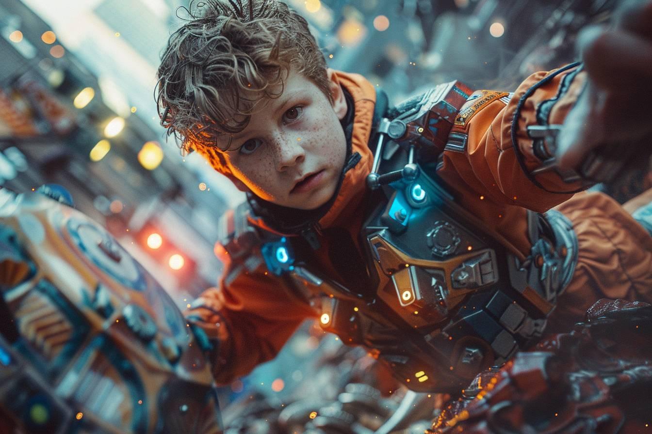 Jeune homme en tenue de combat futuriste, visage déterminé et résolu.
