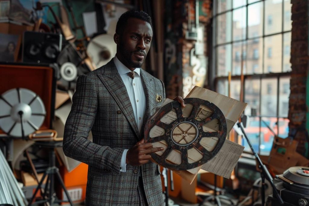 Un homme africain debout dans un atelier, tenant un ancien disque vinyle.