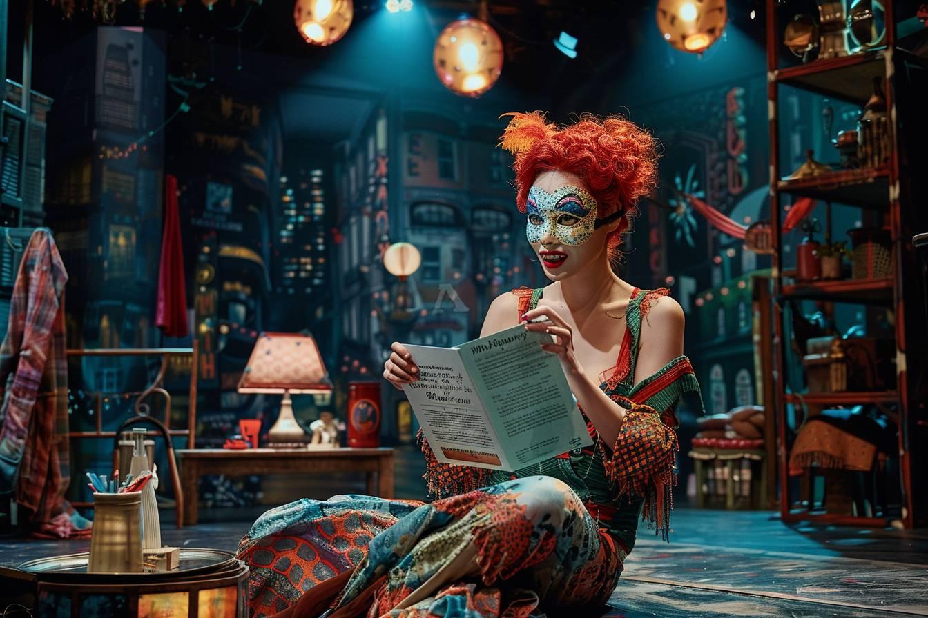 Une femme aux cheveux rouges et maquillage extravagant lit un livre dans un décor de théâtre.