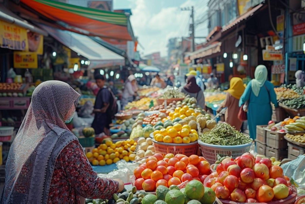 Étalages de fruits et légumes dans un marché animé