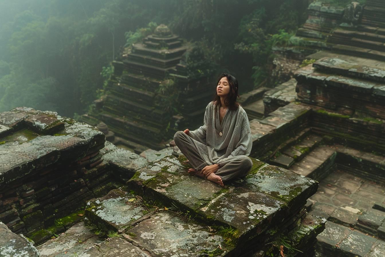 Une femme méditant dans un temple ancien et mystérieux