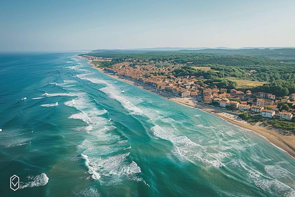 Vue aérienne d'un paysage côtier avec des falaises, des plages et une ville.