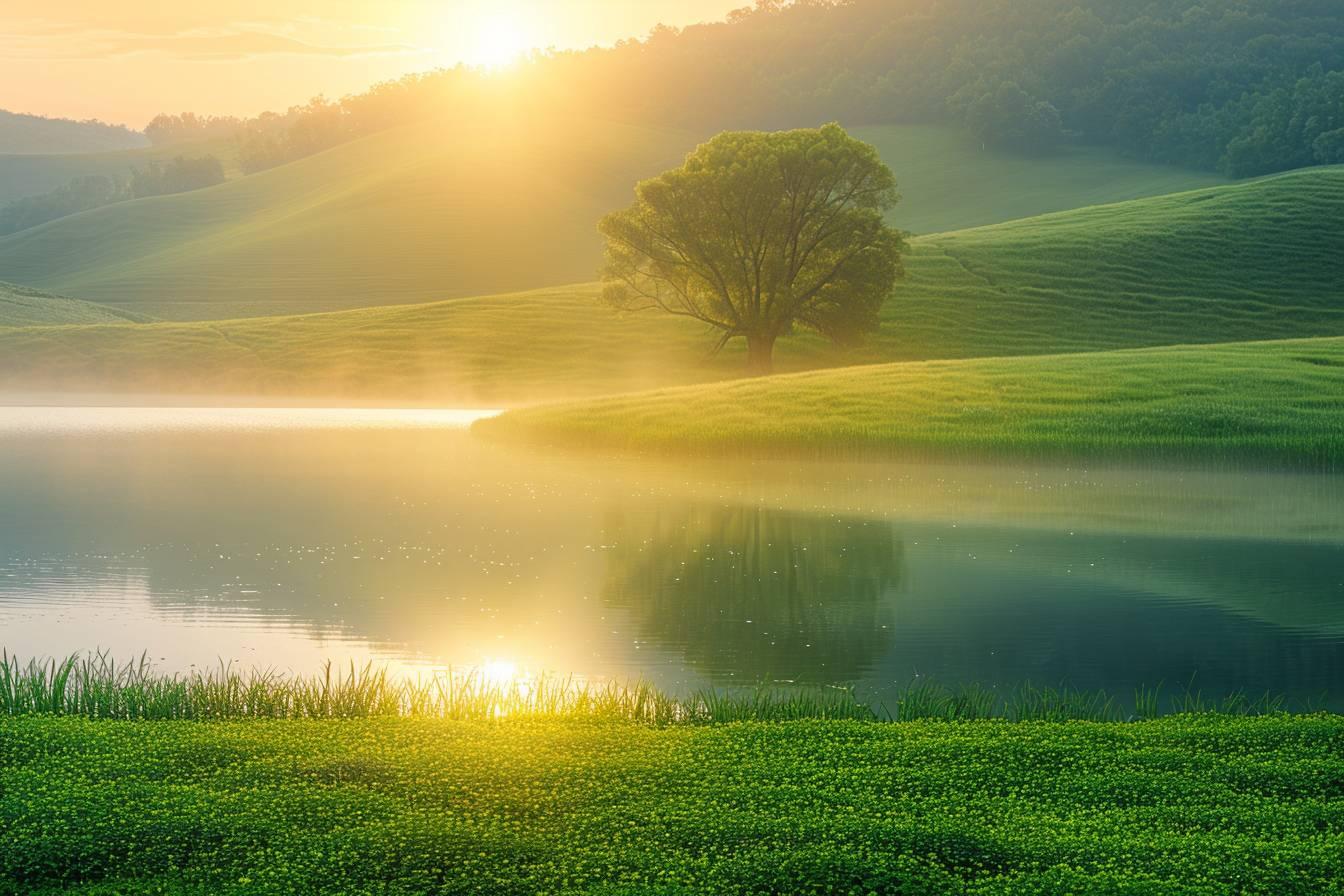 Paysage bucolique avec un arbre au bord d'un lac sous un ciel doré