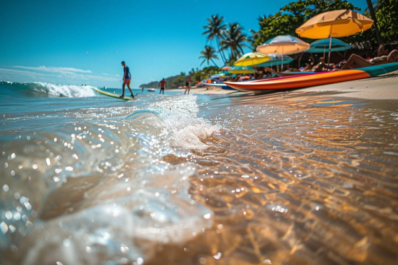 Vue de la plage avec des vagues, des parasols et des silhouettes de personnes